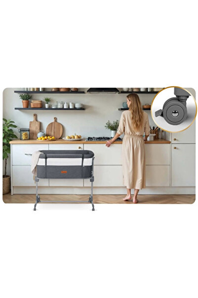 NUKIDO Grey co-sleeper crib with sliding side, wheels with brakes, adjustable height, breathable materials