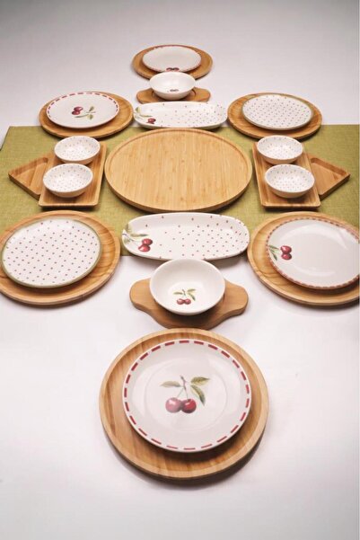 Atbyhome Eden 6 Kişilik 27 Parça Doğal Bambu Porselen Kahvaltı Takımı – Kahva...