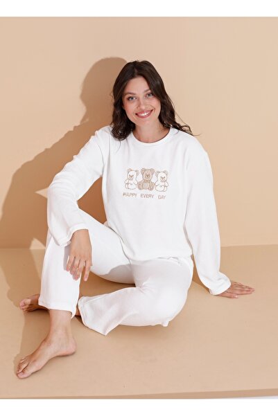 Wordex Σετ πιτζάμες χειμερινής γυναικείας φόρμας από ύφασμα πετσέτας Mr 9010 με κεντημένο αρκουδάκι
