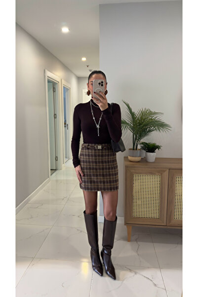 BİRCANÇİL Jiose Brown Beige Plaid Belted Tweed Skirt