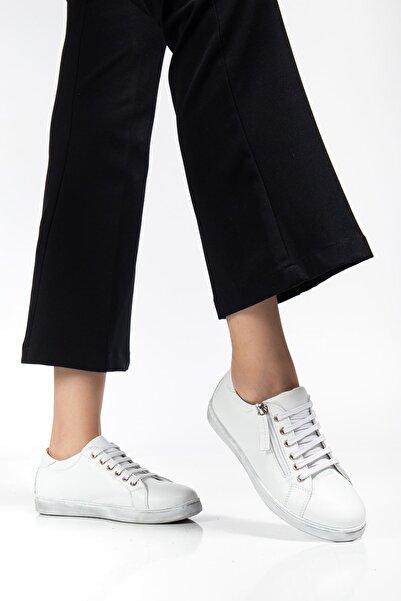 Hayalimdeki Ayakkabı Women's White Genuine Leather Side Zipper Lace-Up Sneakers