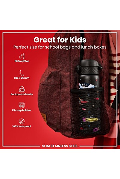 Ion8 Stainless Steel Water Bottle 600ml — Leakproof Flip Lid, Dishwasher Safe, Carry Handle