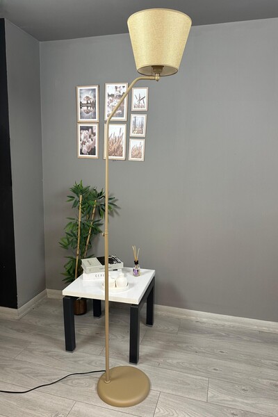 Bamyum Cotella Kumaş Dokulu Kum Bej Lambader Hareketli Başlık Modern Dekoratif Metal Zemin Lambası