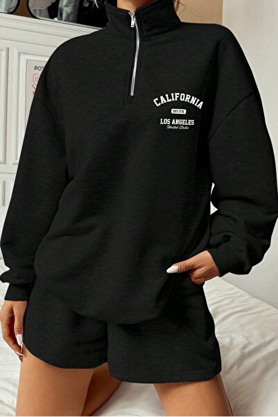 MODAGEN Unisex Yarım Fermuar Dik Yaka Siyah California Baskılı Oversize Sweat...
