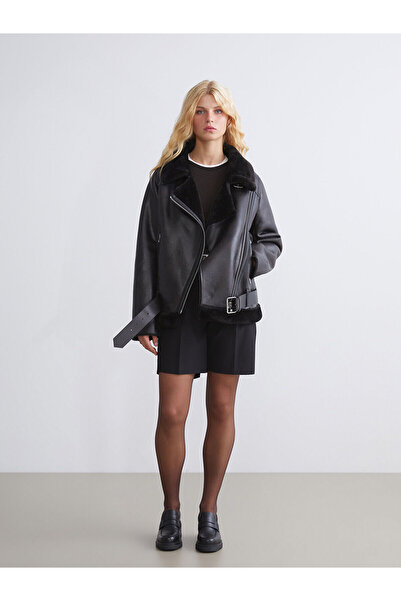 LC Waikiki Özmarka New Season Plush Biker Collar Women's Leather-Look Coat