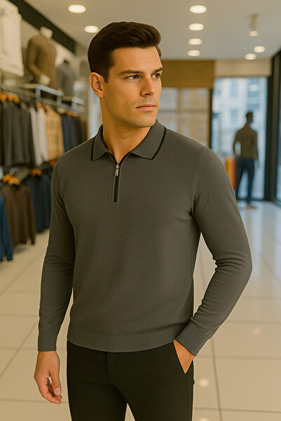 Maccali Men's Trend Zippered Long Sleeve Smoked Polo Neck Sweater