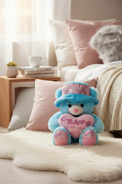 Generic Huggable Plush Blue Teddy Bear with Pink Heart & Cap - Soft Romantic Gift for Couples & Kids