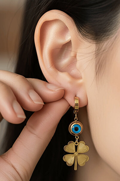 TAKIŞTIR Gold Color Clover Figured Evil Eye Bead Detailed Steel Earrings (Pair)