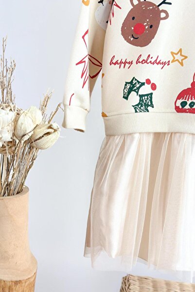 Monila Κοριτσίστικο Πρωτοχρονιάτικο Φόρεμα με τύπωμα με λεπτομέρειες από τούλι