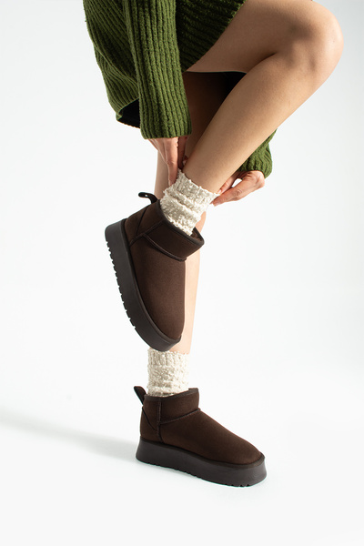 Pretty Girl Mini Kahverengi Süet Içi Kürklü Kalın Taban Kadın Bot (TABAN 4 CM)