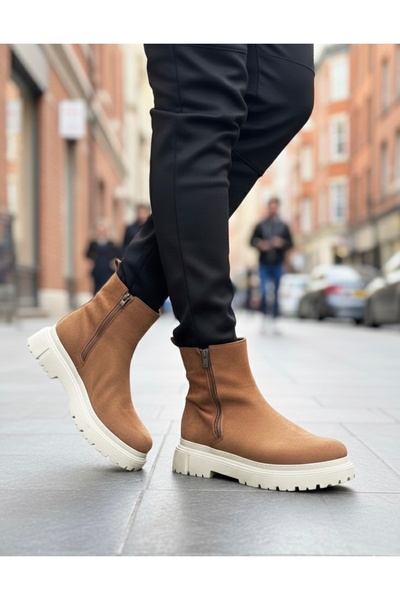 BOA Aba0777 Suede Tan Cream Sole Double Zipper Men's Half Ankle Boots