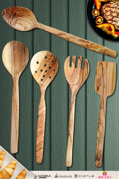 MONTESEV Zeytin Ağacı Ahşap Tahta Kaşık Çatal Kevgir Seti ( Zeytin Ağacı ) Ağaç Kaşık 5 Li Set