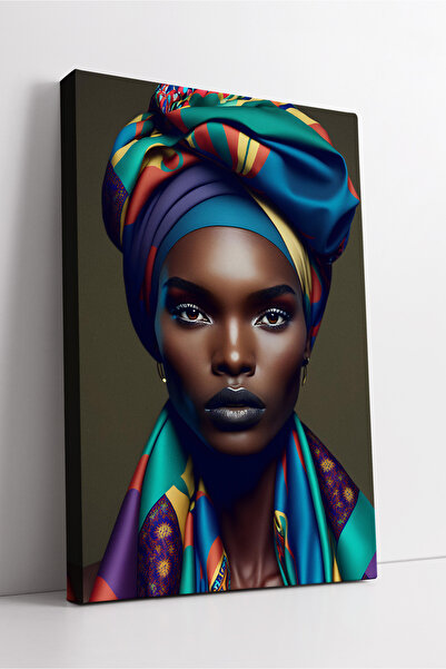 KOSS Dijital Portret de femeie africană cu o eșarfă colorată, artă etnică modernă, stil cultural, pictură pe pânză