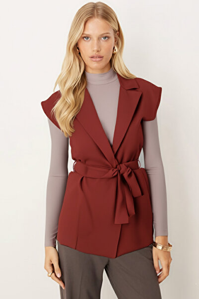 armonika Women's Tile Pattern Men's Collar Waist Belted Linen Look Vest Arm-25Y001079