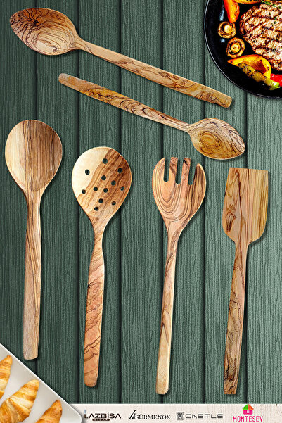 MONTESEV Zeytin Ağacı Ahşap Tahta Kaşık Çatal Kevgir Spatula Seti ( Zeytin Ağ...