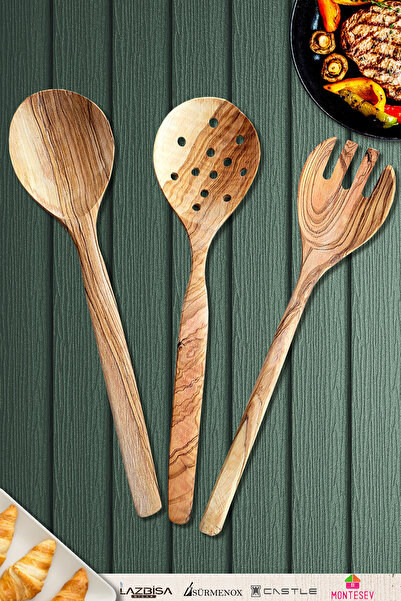 MONTESEV Zeytin Ağacı Ahşap Tahta Kaşık Çatal Kevgir Seti ( Zeytin Ağacı ) Ağ...