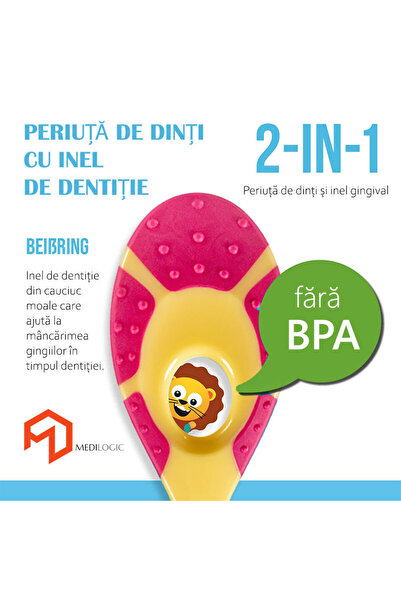 bebeLOGIC Periuta de dinti cu inel gingival pentru bebelusi 0-2 ani, peri extra moi, galben - roz, bebeLOGIC™