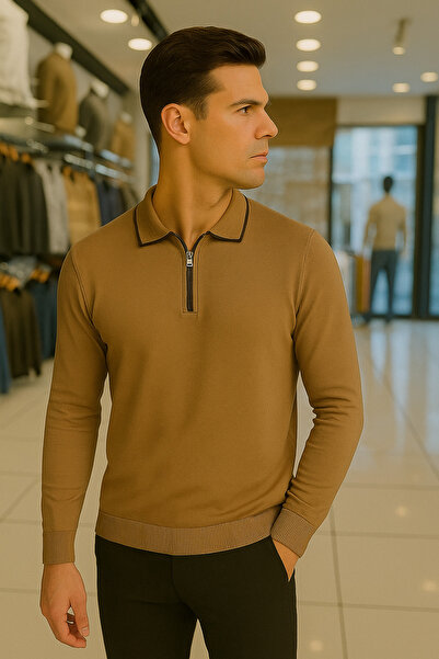 Maccali Ανδρικό πουλόβερ με μακρυμάνικο φερμουάρ και γιακά πόλο σε χρώμα καμήλα