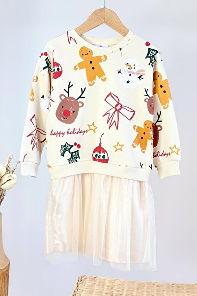 Monila Κοριτσίστικο Πρωτοχρονιάτικο Φόρεμα με τύπωμα με λεπτομέρειες από τούλι