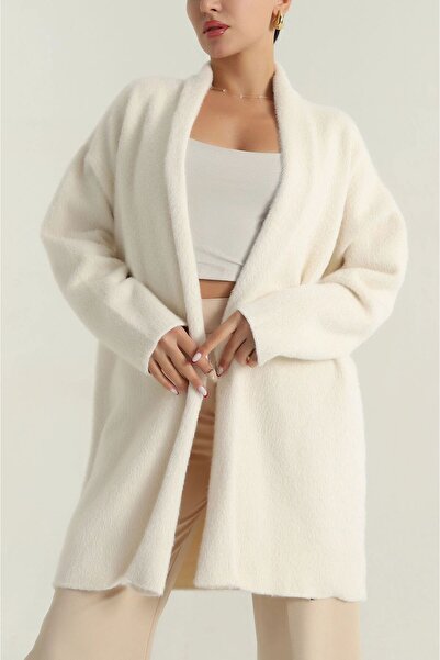 MİR Piedra Women Shawl Collar Oversized Comfortable Fit Soft Texture Bearded Cardigan