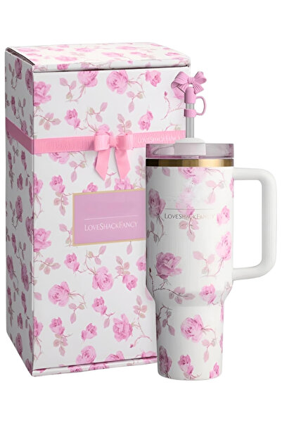 Twisoo Stanley Loveshack Fancy Pink Floral 40oz Tumbler with Straw & Carry Bag – Limited Edition 304 Stainl