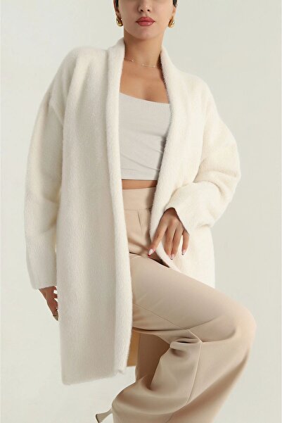 MİR Piedra Women Shawl Collar Oversized Comfortable Fit Soft Texture Bearded Cardigan