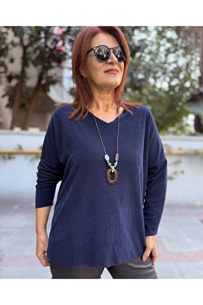 DenizEge Angora Yumoş Necklace Sweater Navy Blue