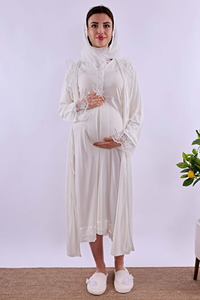 ByLohusa Effortt Ecru Hijab Dressing Gown Maternity Nightgown Set