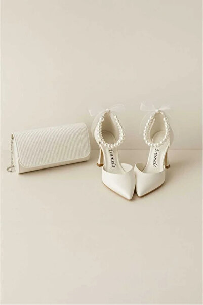 ZEYYMODA Double Pearl Heeled Shoes and Bridal Wedding Evening Dress Shoes with Headpiece Evening Party Shoes and Bag