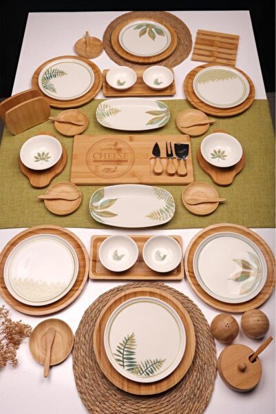 Atbyhome Soul 6 Kişilik 47 Parça Doğal Bambu Porselen Kahvaltı Takımı – Kahva...