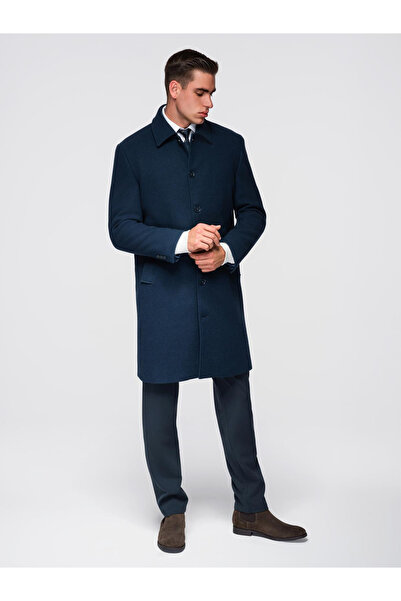 OMBRE Μακρύ ανδρικό παλτό με γιακά και επένδυση - Μπλε σκούρο V3 OM-COWC-0135