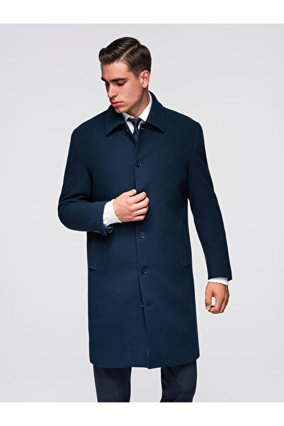 OMBRE Μακρύ ανδρικό παλτό με γιακά και επένδυση - Μπλε σκούρο V3 OM-COWC-0135