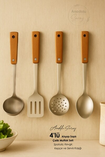 Anadolu Saray 4-Piece Wooden Handle Steel Kitchen Utensil Set – Spatula, Colander, Ladle, and Serving Spoon