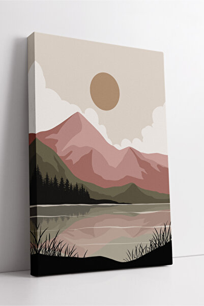 KOSS Dijital Tablou de pânză minimalist boho cu vedere la munte și lac roz De...