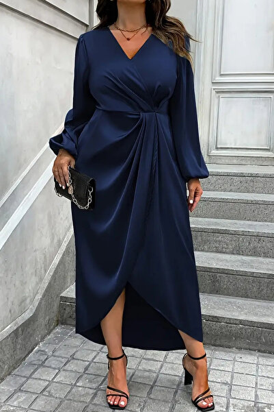 1fazlası Kadın Lacivert Kruvaze Yaka Kol ve Bel Lastik Büzgülü Drapeli SAten Abiye Elbise