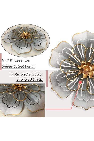 Generic Metal Flower Wall Art Decor, 8.3" Rustic Modern Floral Sculpture (Grey & Gold)