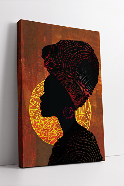 KOSS Dijital Pictură modernă pe pânză cu model etnic, cu siluetă neagră a unei femei și fundal de soare portocaliu