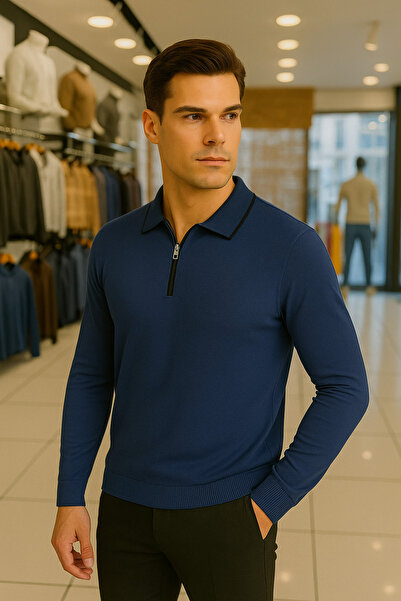 Maccali Men's Trend Zippered Long Sleeve Blue Polo Neck Sweater