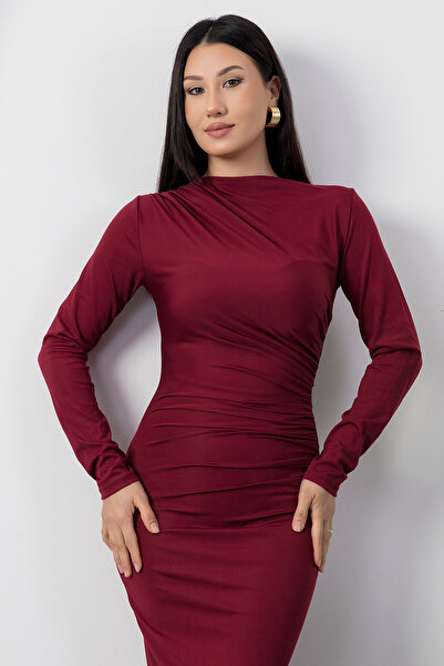 PULLIMM Crew Neck Draped Long Sleeve Dress Dks1004