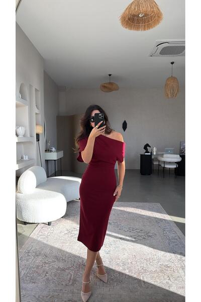 Buket Teke Burgundy Crepe Zr Model Off-The-Shoulder Dress