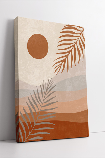 KOSS Dijital Pictură abstractă pe pânză cu palmieri și soare în stil boho – artă modernă de perete în tonuri de terracotă și bej