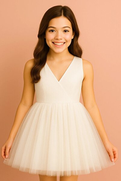 MadyaButik Girl's Wrap Collar Mini Plain Skirt Puffy Dress