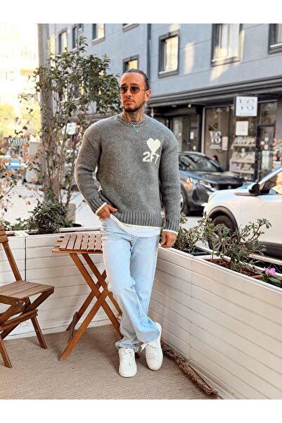 manch collection Göğüste Printed Knitted Sweater Gray