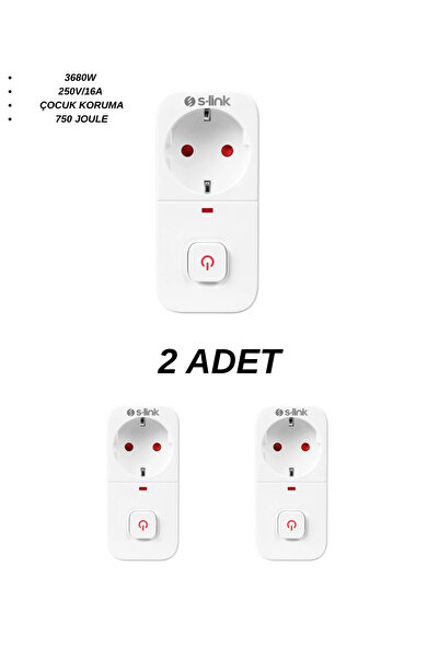 S-LINK SL-010 Anahtarlı Akım Korumalı Tekli Priz 16A/250V 750 Joule - 2’li Paket