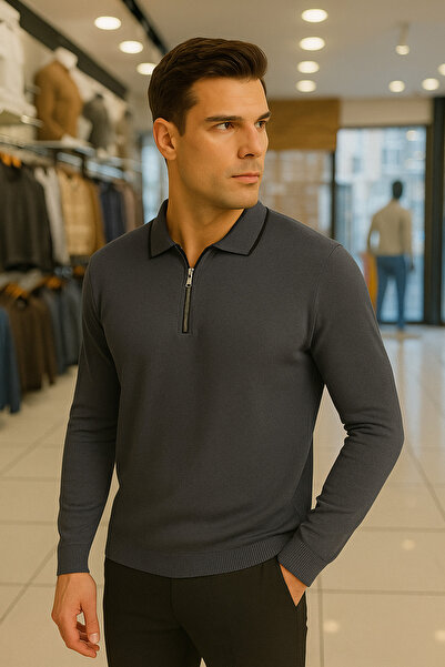 Maccali Men's Trend Zippered Long Sleeve Smoked Polo Neck Sweater