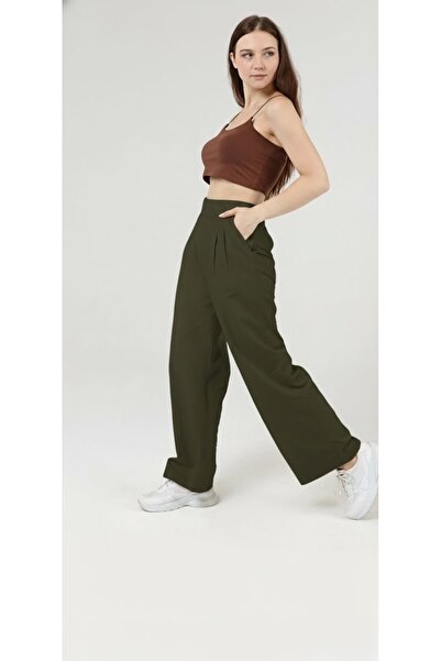 Atölye Güven Women's Khaki 100% Cotton High Waist Elastic Pleated Palazzo Pants