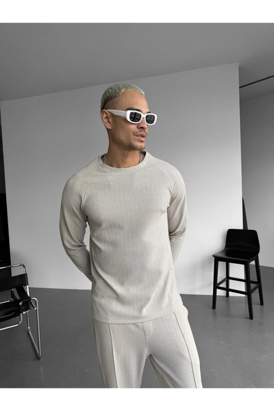 FıttingRoom Regular Textured Crepe Light Beige T-Shirt