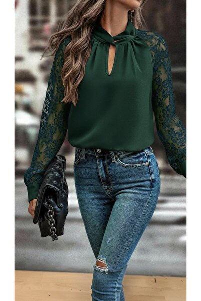 JANES    Women's Long Sleeve Chest Window Detail Lapel Turtleneck Sleeves Tulle Sandy Blouse