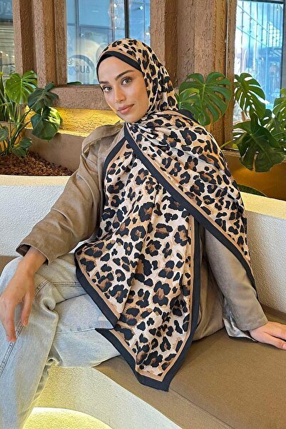 lamelif Leopar Desen Bambu Şal Siyah