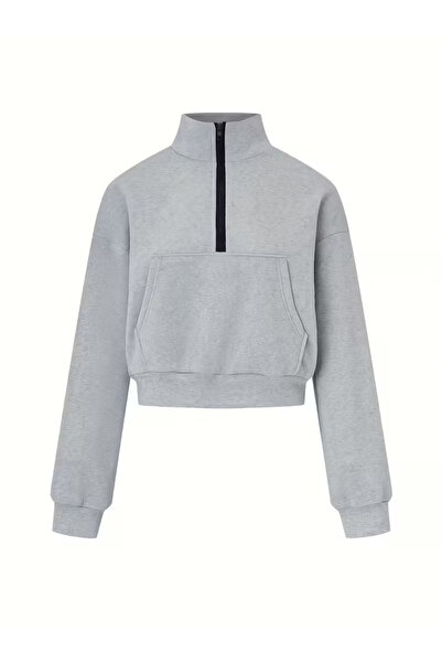 AMMA Women's Long Zipper Detailed Kangaroo Pocket Sweatshirt